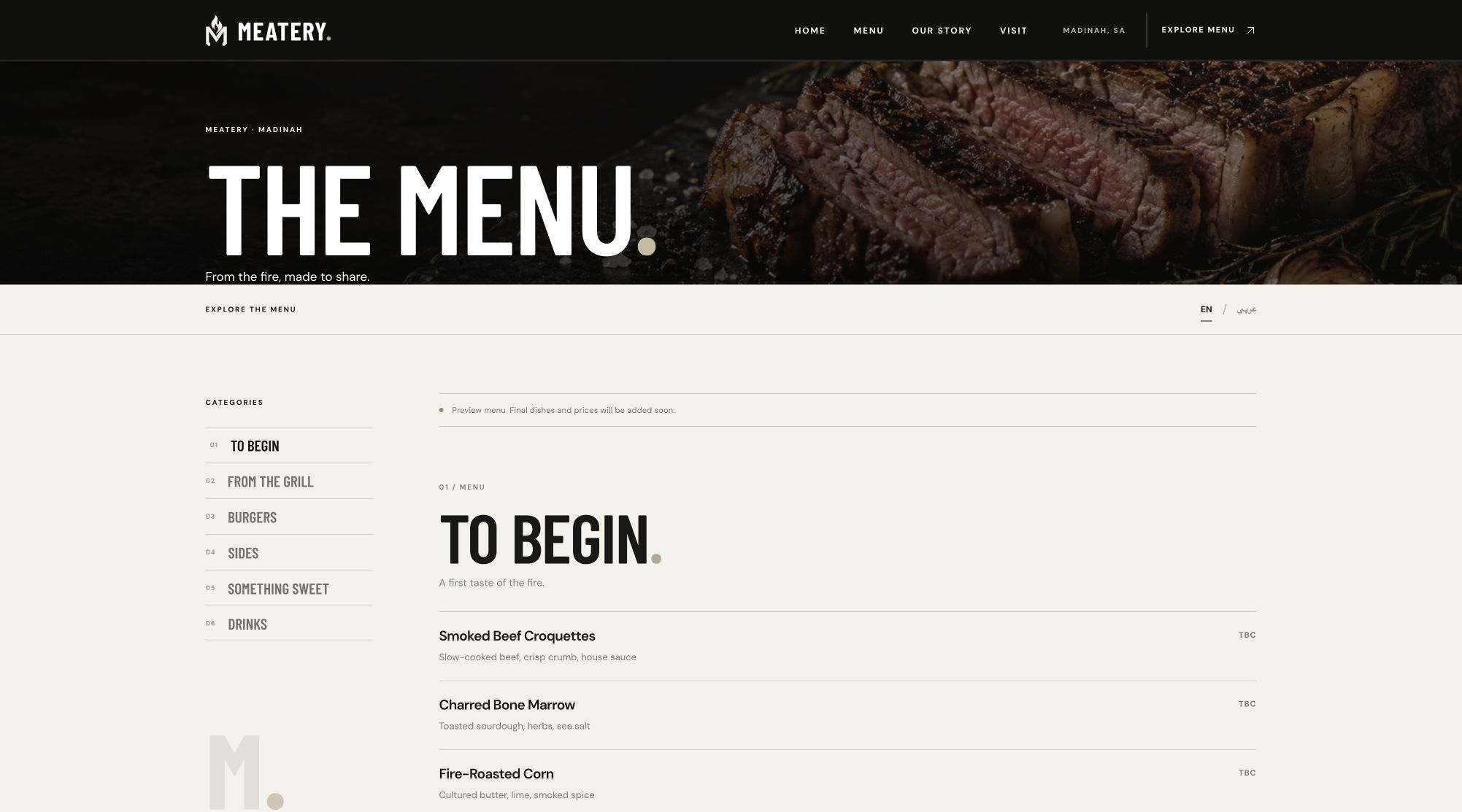 Meatery’s dedicated menu page with category links and language options