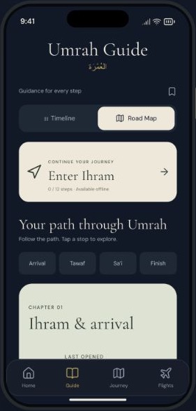 Qasd Umrah guide interface preview with a step-by-step journey roadmap
