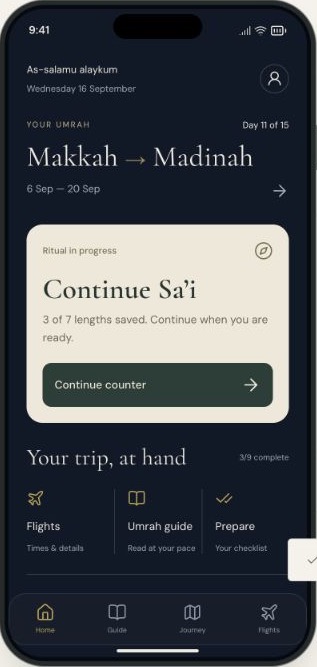 Qasd home interface preview with an Umrah journey, saved ritual progress and travel details