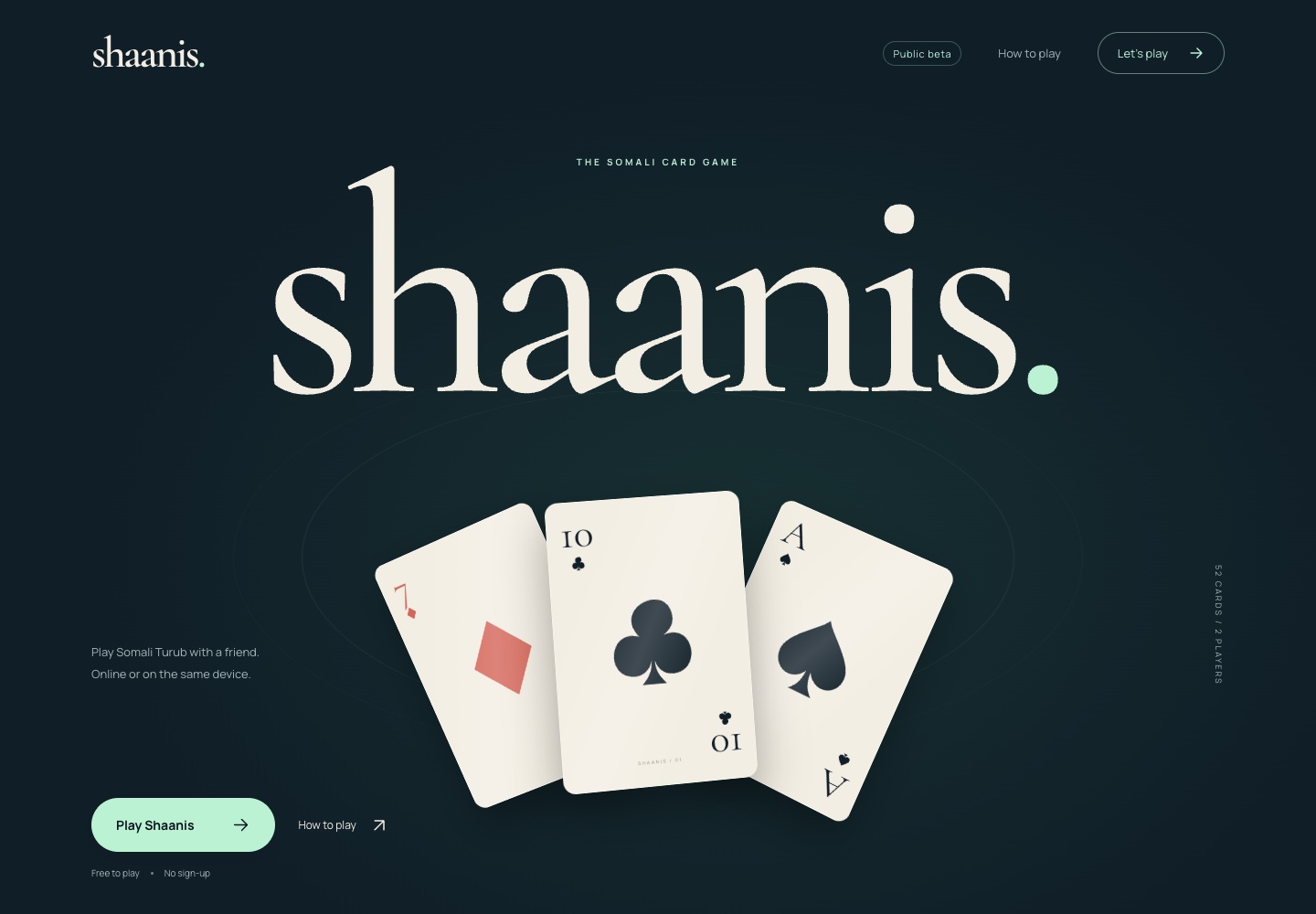 Shaanis website with its cream wordmark and a fan of Somali Turub playing cards